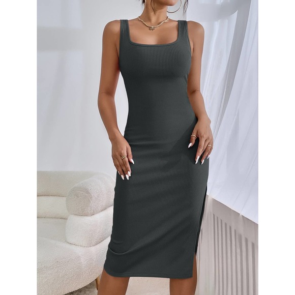 Square neck Ribbed Knit Split Thigh Tank midi Dress black - Picture 8 of 12